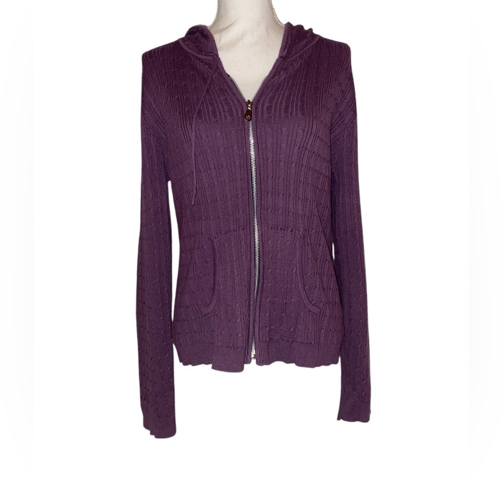 CARIBBEAN JOE Knit Lightweight Zippered Hoodie Dark Purple in Size Large